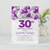 パープルシルバーバルーングリッター任意の年齢誕生日 招待状 (スタンド正面)