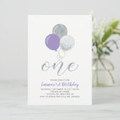 パープルシルバーバルーンワンガールバースデーパーティー 招待状 (スタンド正面)