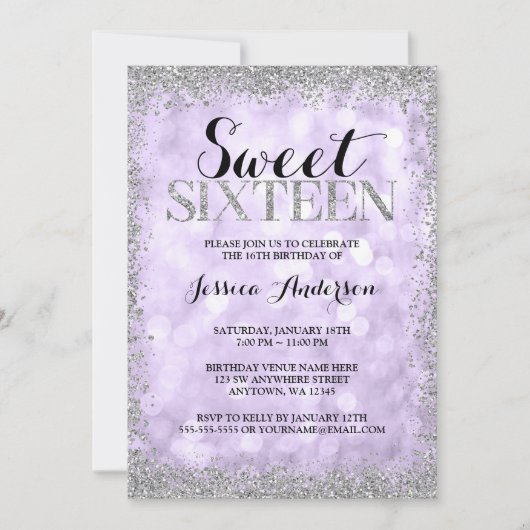 パープルシルバーフェイクグリッターライトスウィート16 招待状 (正面)