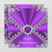 パープルシルバーフェイクダイヤモンドジュエルバースデーパーティー 招待状 (正面/裏面)