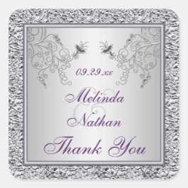 パープルシルバーフォイルフローラ結婚式の引き出物シール スクエアシール