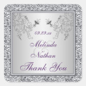 パープルシルバーフォイルフローラ結婚式の引き出物シール スクエアシール (正面)