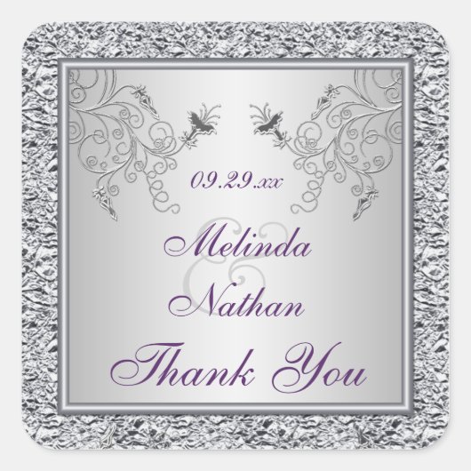 パープルシルバーフォイルフローラ結婚式の引き出物シール スクエアシール (正面)