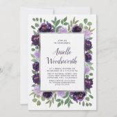 パープルシルバーフローラウォーターカラープラムブライダルシャワー 招待状 (正面)