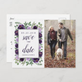 パープルシルバーフローラグリーンウェディング日付を保存 案内ポストカード (正面/裏面)