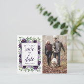 パープルシルバーフローラグリーンウェディング日付を保存 案内ポストカード (スタンド正面)