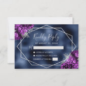 パープルシルバーフローラジオメトリックネイビーフォイル 出欠カード (正面)