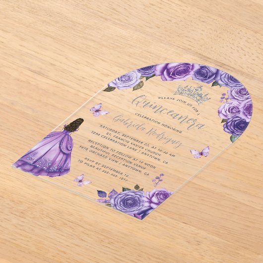 パープルシルバーフローラバラウォーターカラーキンセアニラ アクリル招待状 (レイダウン)