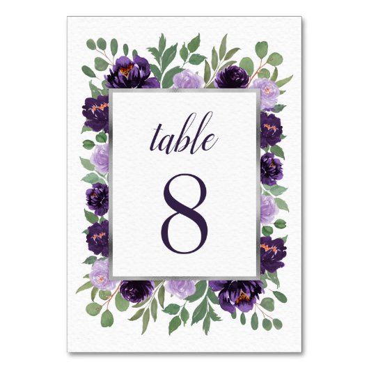 パープルシルバーフローラ水カラーユーカリ結婚ス テーブルナンバー (正面)