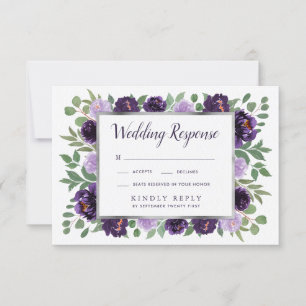 パープルシルバーフローラ水彩結婚式RSVPカード 出欠カード
