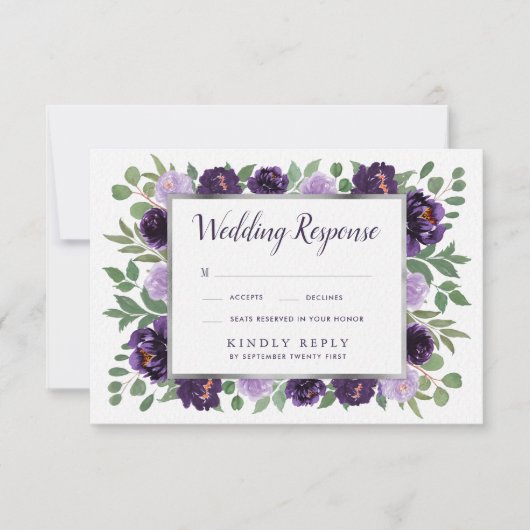 パープルシルバーフローラ水彩結婚式RSVPカード 出欠カード (正面)