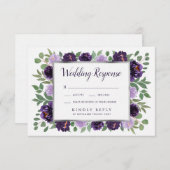 パープルシルバーフローラ水彩結婚式RSVPカード 出欠カード (正面/裏面)