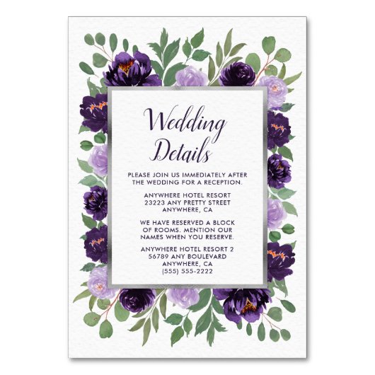 パープルシルバーフローラ結婚グリーンのエンクロージャカード テーブルナンバー (正面)