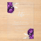 パープルシルバーフローラ結婚式の日付を保存 アクリル招待状 (正面)