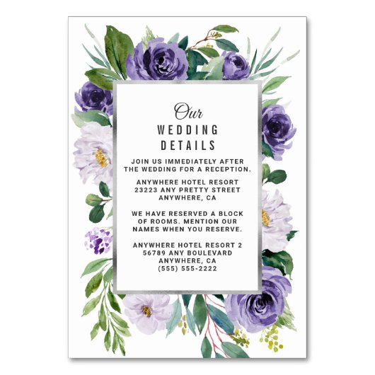 パープルシルバーフローラ結婚薄紫のエンクロージャカード テーブルナンバー (正面)