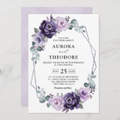 パープルシルバーフローラ開花ジオメト結婚リ 招待状 (正面/裏面)