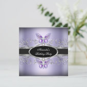 パープルシルバーブラックジュエルバタフライバースデーパーティー 招待状 (スタンド正面)