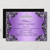 パープルシルバーブラックダマスクティアラスウィート16招待状 招待状 (正面/裏面)