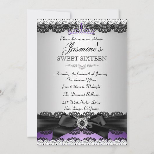 パープルシルバーブラックレーススウィート16バースデーパーティー2 招待状 (裏面)
