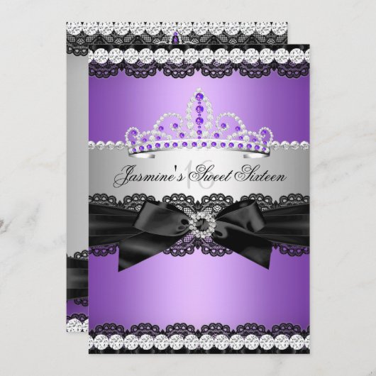 パープルシルバーブラックレーススウィート16バースデーパーティー2 招待状 (正面/裏面)