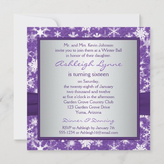 パープルシルバーホワイトスノーフレーク誕生日招待状 招待状 (裏面)