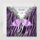 パープルシルバーホワイト黒ゼブラ誕生日パーティー 招待状 (正面)