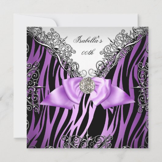 パープルシルバーホワイト黒ゼブラ誕生日パーティー 招待状 (正面)