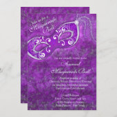 パープルシルバーマルディグラスマスカレードボールパーティー 招待状 (正面/裏面)