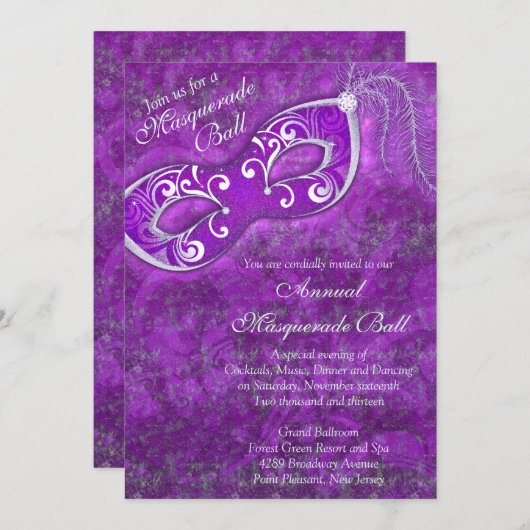 パープルシルバーマルディグラスマスカレードボールパーティー 招待状 (正面/裏面)