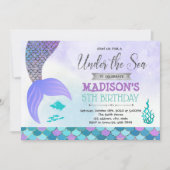 パープルシルバーマーメイド誕生日の招待状 招待状 (正面)