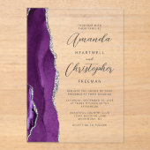 パープルシルバーモダンアゲート結婚ト文字 アクリル招待状 (正面)
