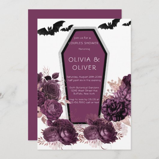 パープルシルバー牡丹こうもりカップルのシャワー 招待状 (正面/裏面)