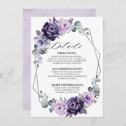 パープルシルバー ブルームズ ジオメトリック ウェディング ディテールズ エンクロージャーカード (正面/裏面)