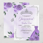 パープルシルバー&ホワイトフローラティアラキンセアニラInv 招待状 (正面/裏面)
