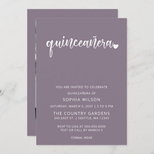 パープルシンプルスクリプトキンセアニェラ写真 招待状 (正面/裏面)