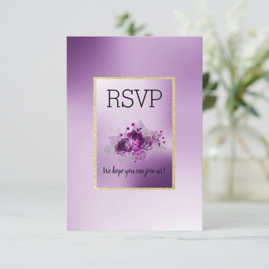 パープルシンプル薄紫エレガントフローラRSVP 出欠カード (スタンド正面)