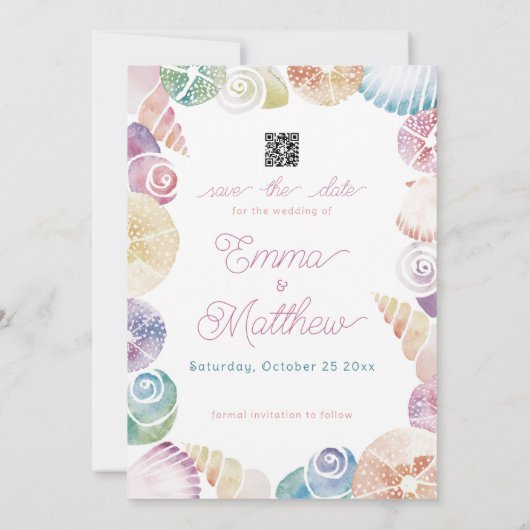 パープルシーシェル水彩写真＆QR セーブザデート (裏面)