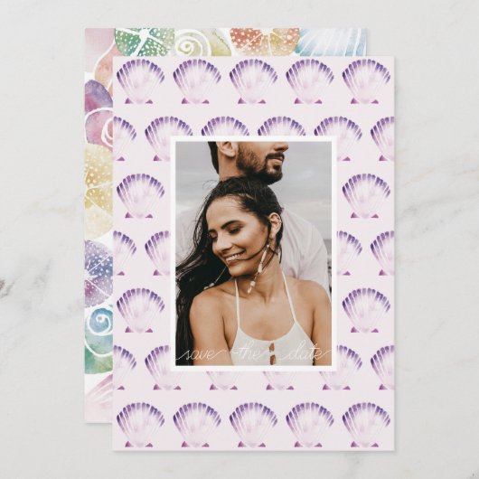 パープルシーシェル水彩写真＆QR セーブザデート (正面/裏面)