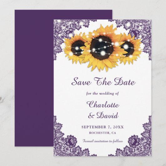 パープルシ素朴ックレースサンフラワー セーブザデート (正面/裏面)