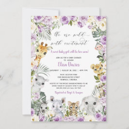 パープルジャングルフローラ野生動物少女ベビーシャワー 招待状