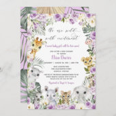 パープルジャングルフローラ野生動物少女ベビーシャワー 招待状 (正面/裏面)