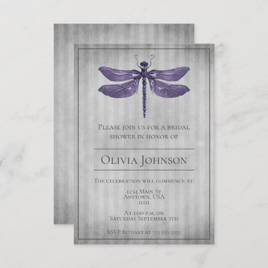 パープルジュエリードトンフライブライダルシャワー 招待状 (正面/裏面)