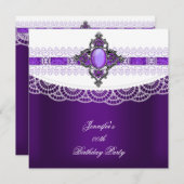 パープルジュエルホワイトレースバースデーパーティー 招待状 (正面/裏面)