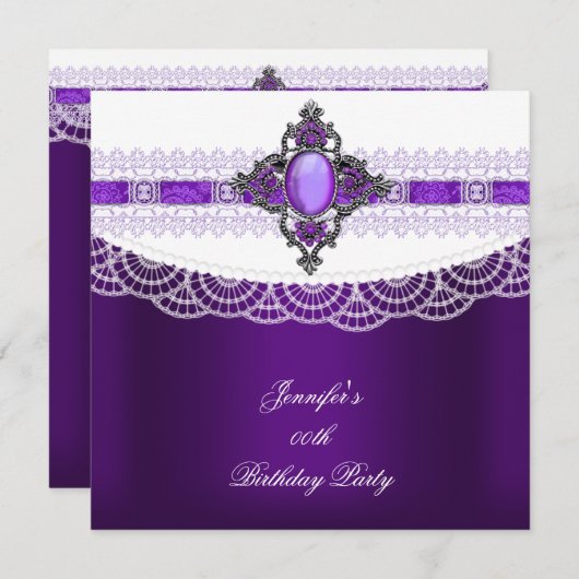 パープルジュエルホワイトレースバースデーパーティー 招待状 (正面/裏面)