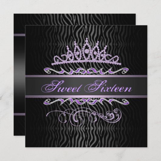 パープルスイート16ティアラゼブラプリント誕生日招待状 招待状 (正面/裏面)