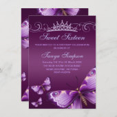 パープルスイート16バタフライ&ティアラ誕生日招待状 招待状 (正面/裏面)