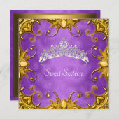 パープルスイート16バースデーパーティー金ゴールドホワイトティアラ 招待状 (正面/裏面)