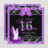 パープルスイート16パーティーSweet sixteenグリッターブラック 招待状 (正面/裏面)