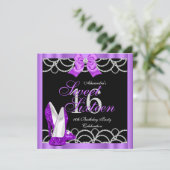 パープルスイート16パーティーSweet sixteenグリッターブラック 招待状 (スタンド正面)