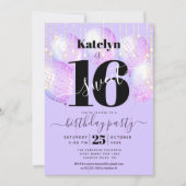 パープルスイート16誕生日ガーリーグラムバルーンスクリプト 招待状 (正面)
